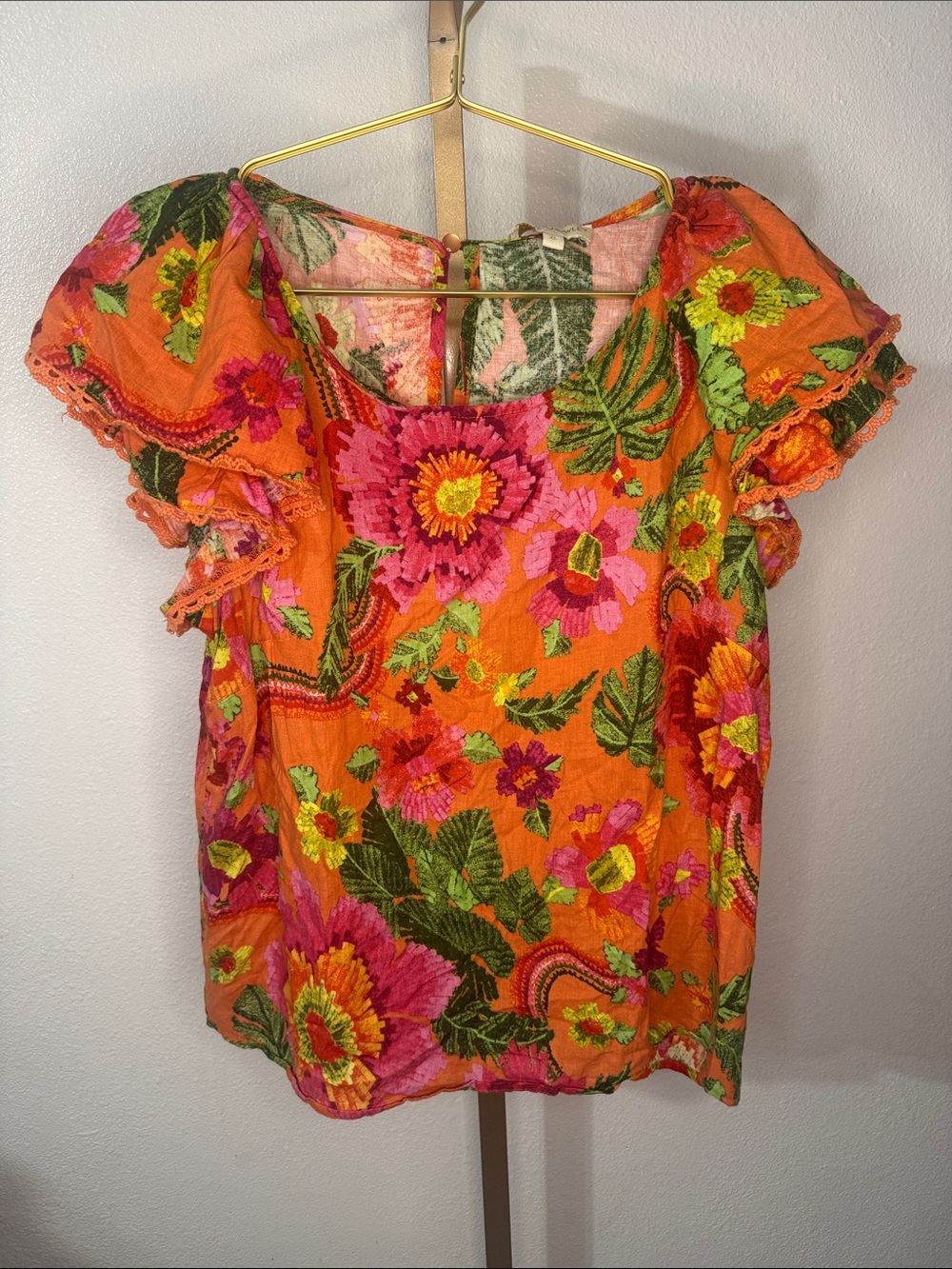 Cynthia Rowley Orange Floral Embroidered Puff-Sleeve Blouse- XL